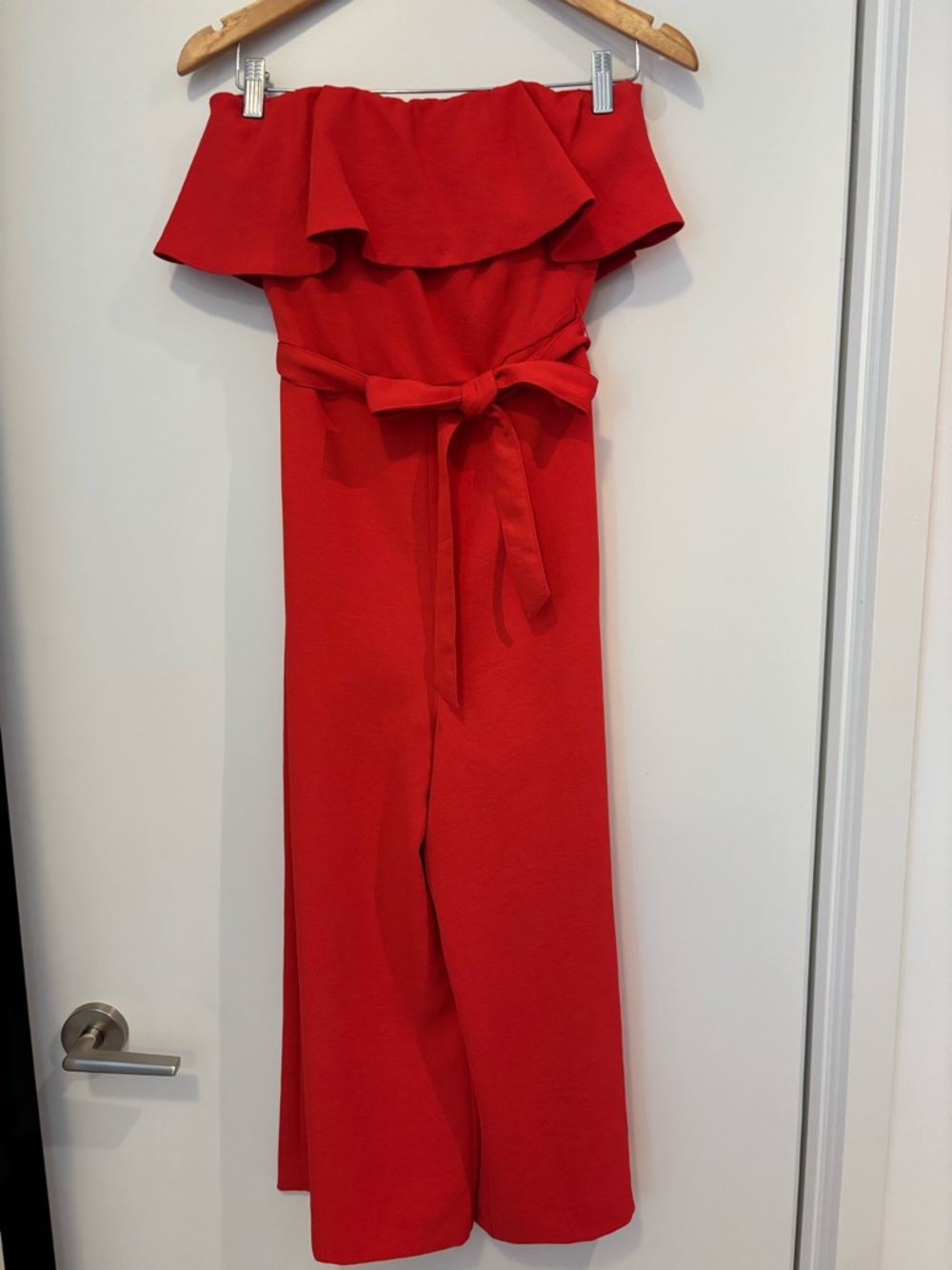 Babaton Orange Red Off-Shoulder Ruffle Jumpsuit with Tie Waist